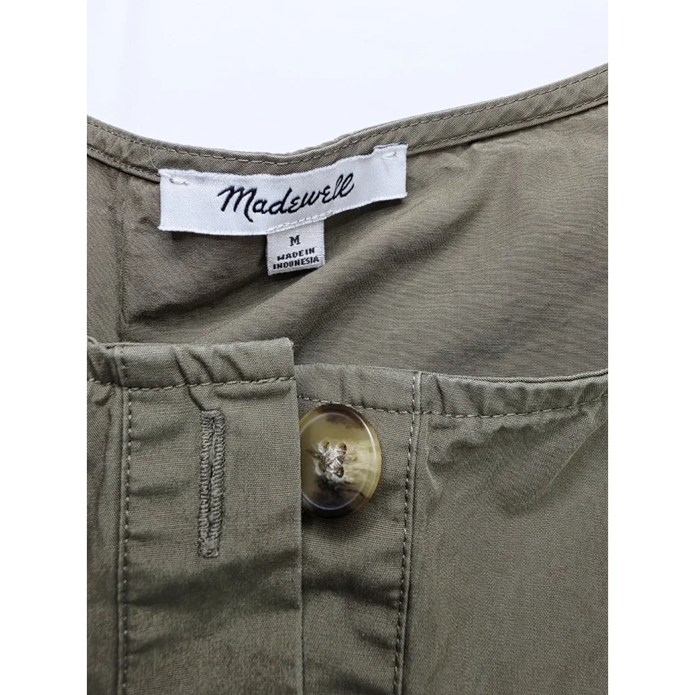 Madewell Baby Doll Button-Front Short-Sleeve Tiered Mini Dress Olive Green M - Picture 6 of 6